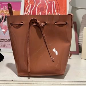 Mansur Gavriel patent pink bucket bag